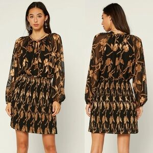 CURRENT AIR Jacquard Floral Metallic Long Sleeve Blk/Gold Dress XS